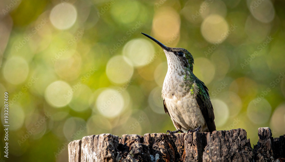 Fototapeta premium Hummingbird bird nature wildlife perched long billed green brown bokeh sunlight peaceful forest animal feather small delicate outdoor summer wild natural tropical avian beak tree stump woodland