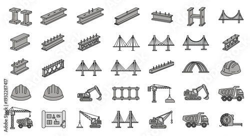 Collection of various construction icons and symbols in black and white, Generative AI.