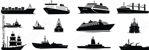 Silhouette ships and boats collection, cargo ship, cruise liner, fishing boat, submarine, sailing vessel illustration, maritime transport vector art