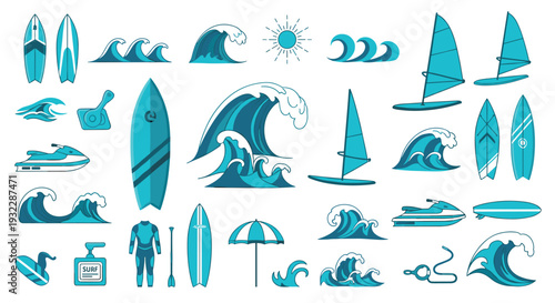 Collection of various turquoise beach and surfing icons and symbols, Generative AI.