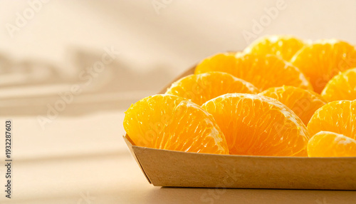 Fresh orange segments arranged in paper tray, eco friendly packaging concept, healthy snack, vibrant citrus fruit, minimal background, natural light, organic food