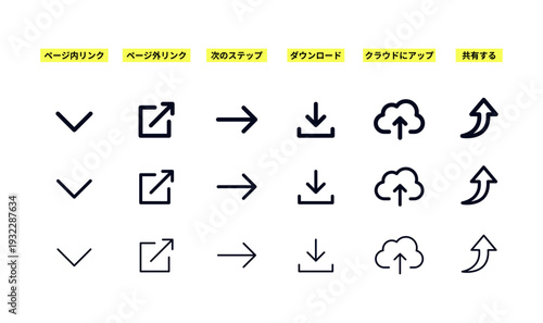 ミッドナイトネイビーのオックスフォードブルーで描かれた、カナリアイエローのラベル付きUIアイコンセット。ページ内リンク、ページ外リンク、次のステップ、ダウンロード、クラウドにアップ、共有するの6種類を3種類の線幅（太・中・細）で展開