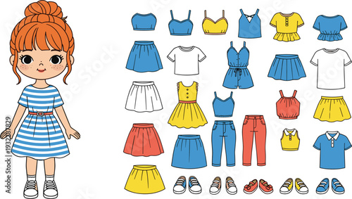 Cute Cartoon Girl Character with Fashion Outfit Collection Including Dresses Skirts Tops Pants and Shoes for Kids Dress Up Game Design.