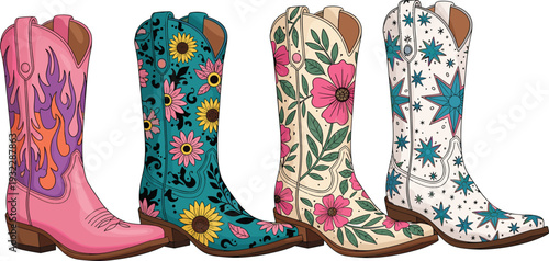 Colorful Western Cowboy Boots Collection with Floral Pattern Embroidery and Vintage Leather Footwear for Country Fashion and Rodeo Style Design.