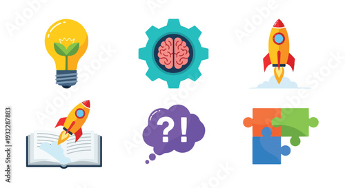 Colorful vector icons depicting concepts like ideas, thought and problem-solving