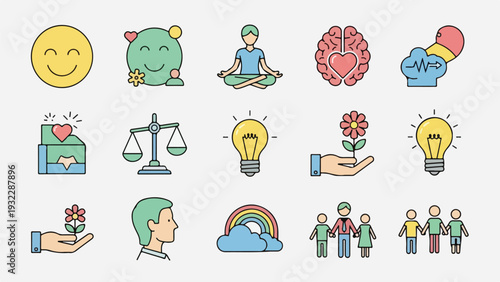 Colorful vector icons depicting emotions, health, balance, and community