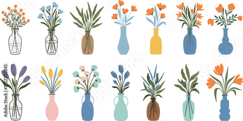 Decorative Flower Vase Collection with Modern Ceramic Glass Bottles and Floral Arrangements for Home Interior Spring Decoration and Scandinavian Design.