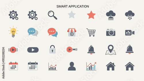 Colorful vector icons representing various app functionalities and elements