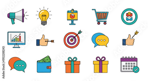 Colorful vector icons representing various business and marketing ideas