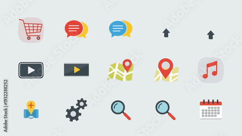 Colorful vector icons representing various common digital functionalities