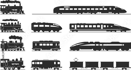 Train silhouettes collection, steam locomotive, modern passenger train, freight car, railway evolution, transportation history, engineering progress, rail travel illustration, vintage design