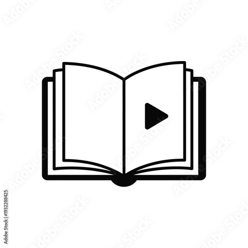 Black and white of an open book with a play button 1