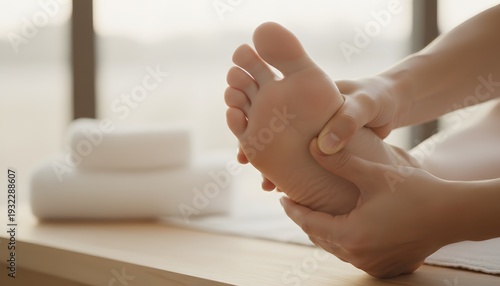 Professional therapist performing a relaxing foot reflexology massage treatment in a serene spa setting for a holistic well-being concept