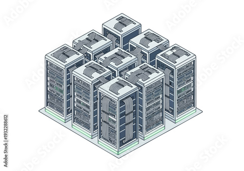Isometric view of multiple server racks arranged in a 3x3 grid, representing data center infrastructure