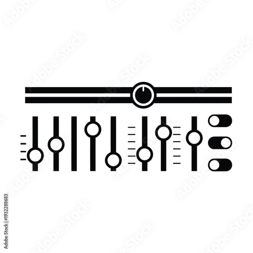 Black audio mixer control panel with sliders and switches