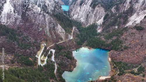 Aerial view of crystal blue lake at Sichuan Jiuzhaigou in autumn