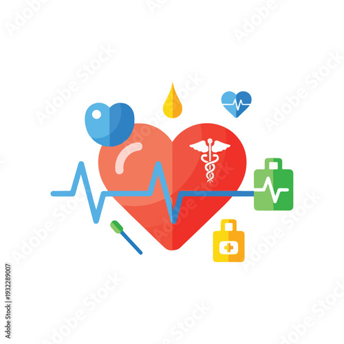Colorful vector illustration of a healthy heart and medical symbols