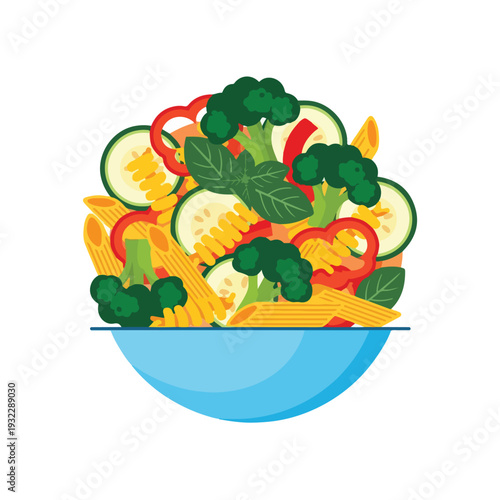 Colorful vector illustration of a healthy pasta salad in a blue bowl