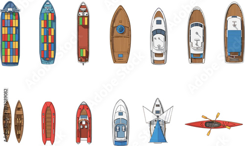 Top View Boat and Ship Collection with Cargo Container Yacht Sailboat Speedboat Kayak and Inflatable Raft for Marine Transport and Travel Design.