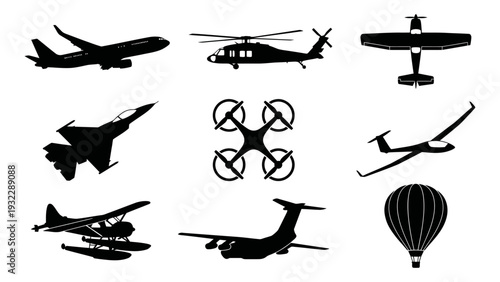 Aircraft Silhouettes Set Including Plane Helicopter Drone And Balloon Vector