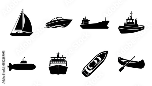 Boat And Ship Silhouettes Set Including Sailboat Submarine And Cargo
