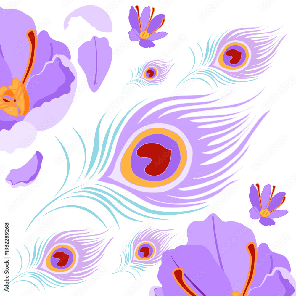 Fototapeta premium Vibrant seamless peacock pattern with elegant feathers and ornamental symmetry in purple, teal, and gold tones, perfect for textile prints, wallpaper, packaging, and decorative backgrounds.