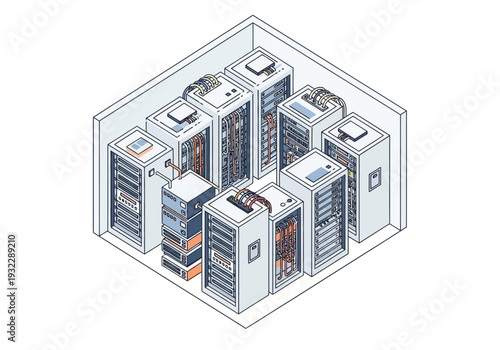 Data center server racks filled with computing equipment in a clean, organized facility