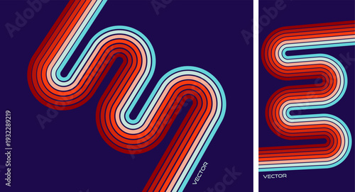A retro 1970s-style background. Colorful lines. Abstract, dynamic curved ribbons. A serpentine curve of a race track. Designed for posters or banners for sports competitions. Vector illustration.