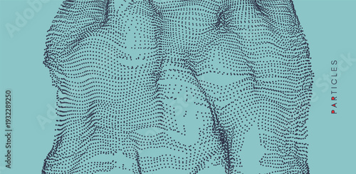 Array with dynamic emitted particles. Water splash imitation. Abstract background. Cover design template. Big data. 3D illustration for brochure, poster, presentation, flyer or banner.