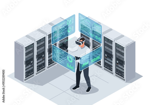 Man in Virtual Reality headset interacting with data visualizations within a server room