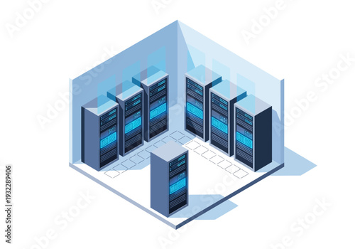 Data center server room with rows of computer racks and glowing blue lights, isometric view