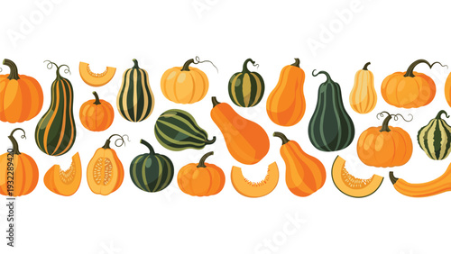 Seamless horizontal border pattern featuring many types of whole and sliced orange pumpkins along with green autumn gourds.