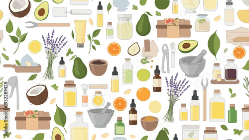 Comprehensive pattern of organic beauty products including essential oils, herbs, avocado, lavender, and tropical coconut fruit.