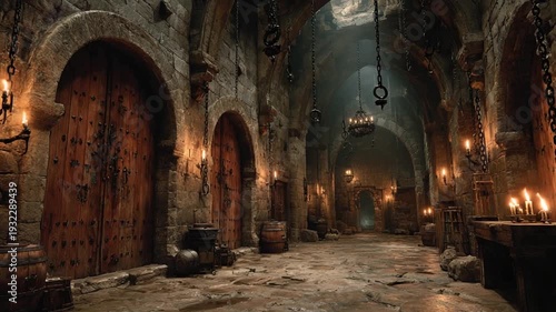 Dimly Lit Medieval Dungeon with Wooden Doors and Torches