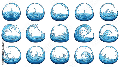Sequential set of blue water splash and wave animation frames contained within several circular transparent glass bubble shapes.