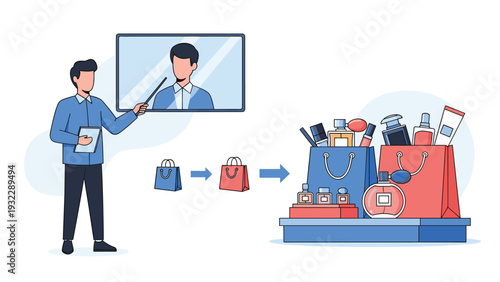 Marketing professional presenting luxury cosmetic gift sets and perfumes using a digital screen for convenient online shopping.