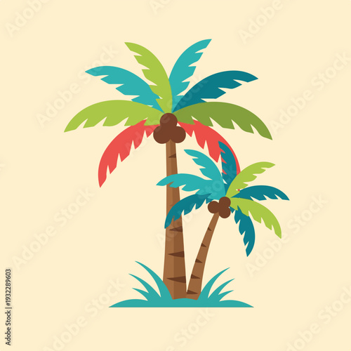 Colorful vector illustration of two stylized palm trees on a light tan background