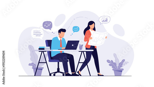 Office colleagues working together on data analysis with man at laptop and woman reviewing complex financial report charts.