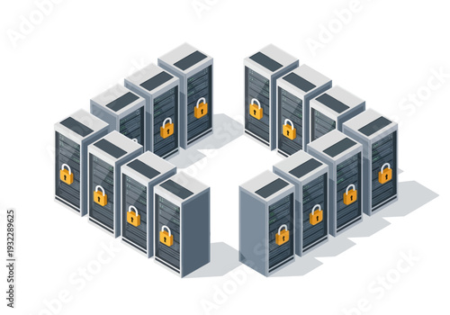 Secure data center with locked servers, representing digital security and data protection