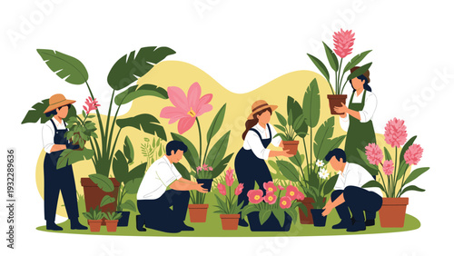 Diverse group of people working together in garden planting beautiful flowers and maintaining a lush green plant nursery.