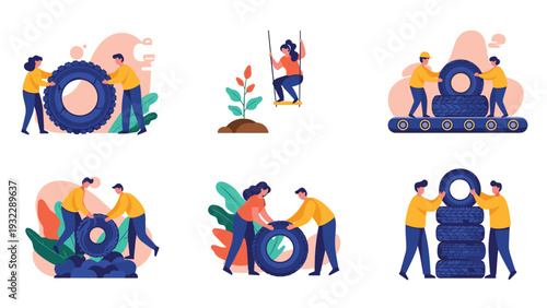Set of detailed illustrations showing people responsibly recycling old tires for gardening, children play, and industrial reuse.