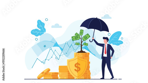 Smart investor protecting his growing money tree with umbrella and golden shield against complex financial fluctuations.