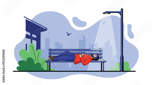 Homeless bearded man in red jacket sleeping on public park bench under street light at night in the quiet city downtown.