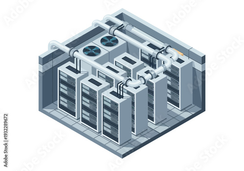 Server room with cooling systems and computer racks, isometric view of data center infrastructure
