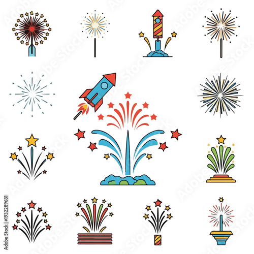 Colorful vector illustration of various fireworks, rockets, and explosions