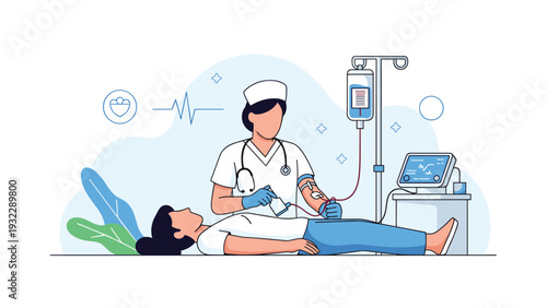 Dedicated nurse or medical technician treating patient in hospital bed using IV drip and modern health monitoring equipment.