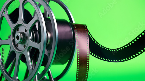 A classic metal film reel stands prominently, unspooling a length of dark cinematographic film strip across a vibrant, solid green background. The detailed film strip, complete with perforations, crea