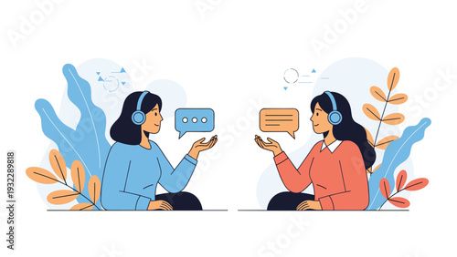 Two female customer service representatives wearing headsets communicating with each other through digital speech bubbles.