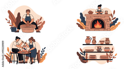 Set of pottery craft illustrations showing artists throwing clay, painting ceramic jars, and displaying finished works.