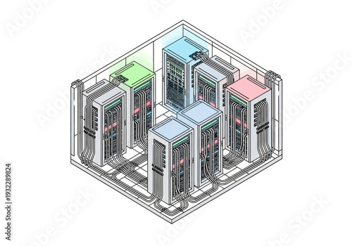 Isometric view of a modern server room with racks of computers and cables